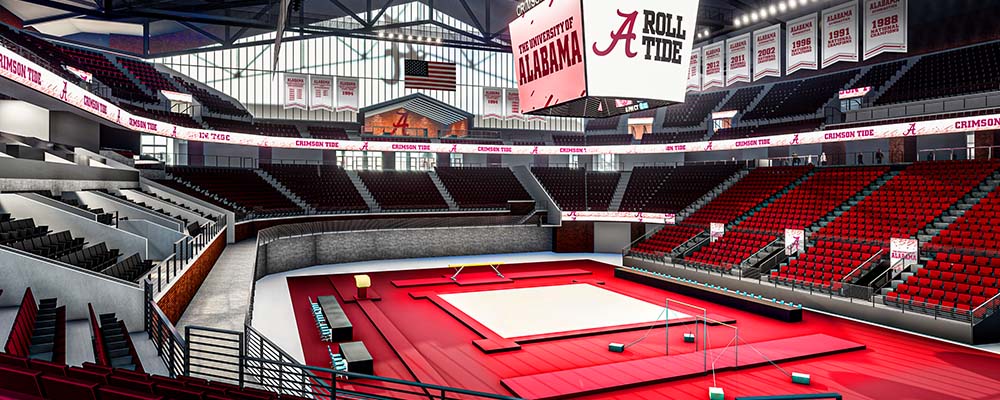 Rendering of the view from the stands of the floor set up for a gymnastics meet