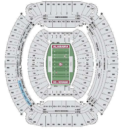 Seat map of Saban Field at Bryant-Denny Stadium with South Champions Club section highlighted in blue with the prefix SCHP